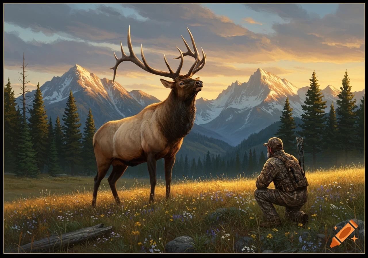 A large bull elk stands in a mountain meadow with a crouching hunter in the foreground, golden light illuminates the scene.