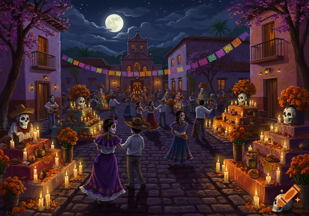 Vibrant Dia de los Muertos celebration at night, with people in skull makeup dancing in a town square amidst altars, candles, and colorful banners.