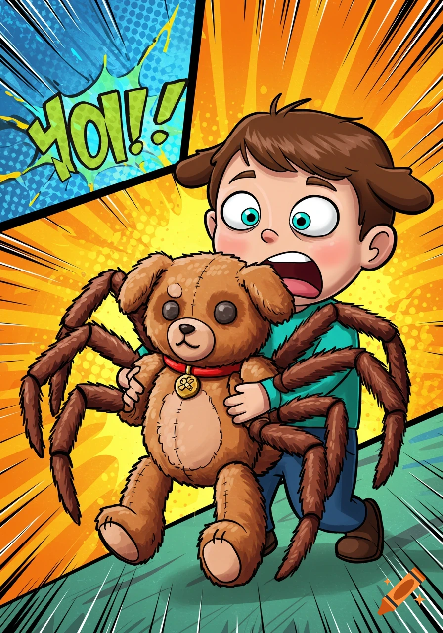 A cartoon child screams, holding a spider-legged teddy bear, with 'YO!!' in a comic speech bubble.