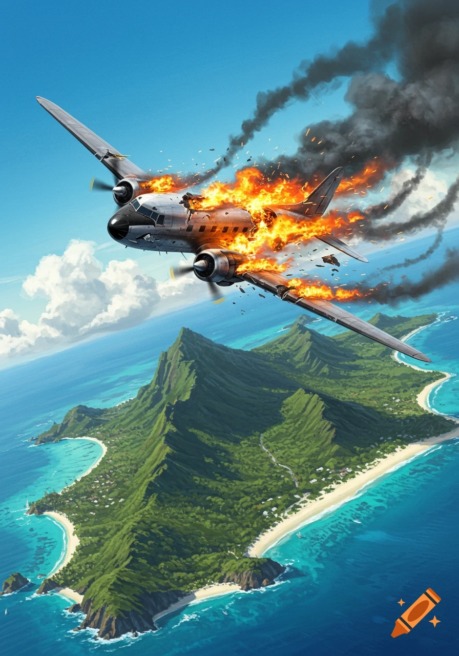 A burning propeller plane descends over a lush green tropical island with white sand beaches and turquoise water, under a blue sky.