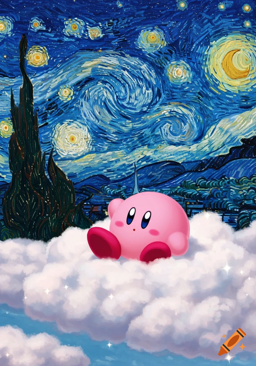 Pink Nintendo character Kirby resting on white clouds, against a swirling blue sky in the style of Van Gogh's Starry Night.
