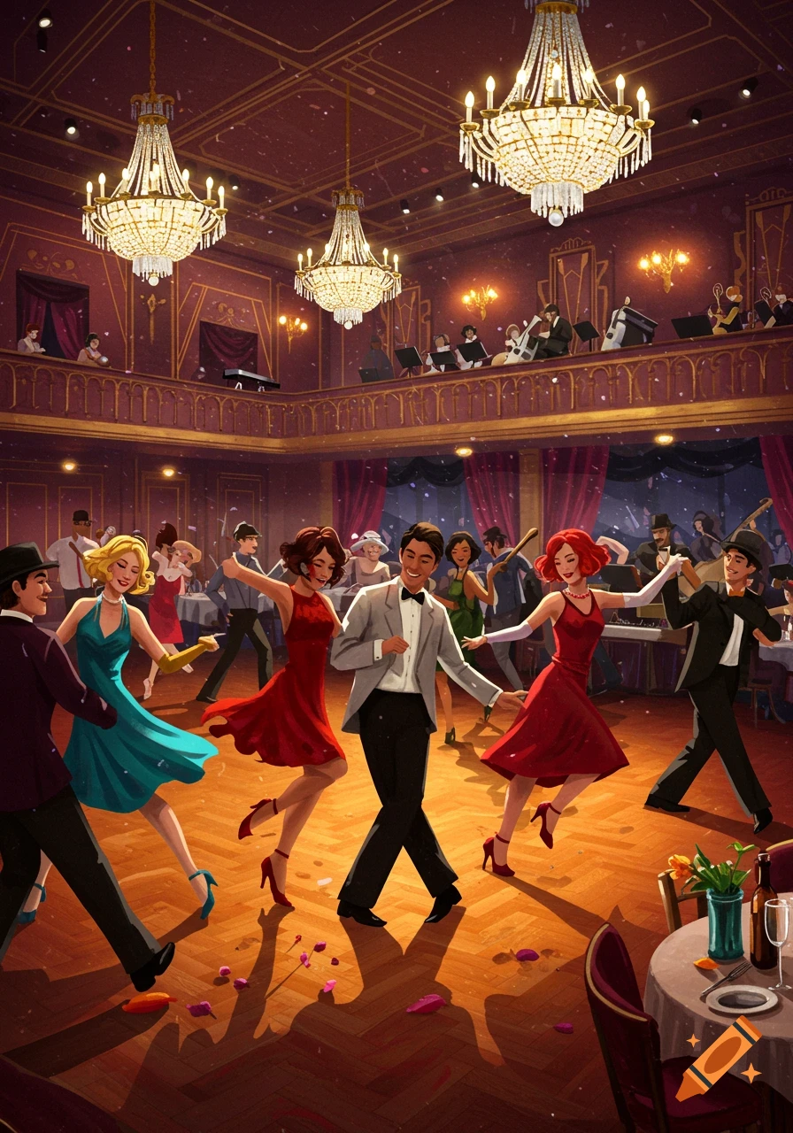 A vibrant illustration of people dancing in a grand ballroom with ornate chandeliers and an orchestra balcony.