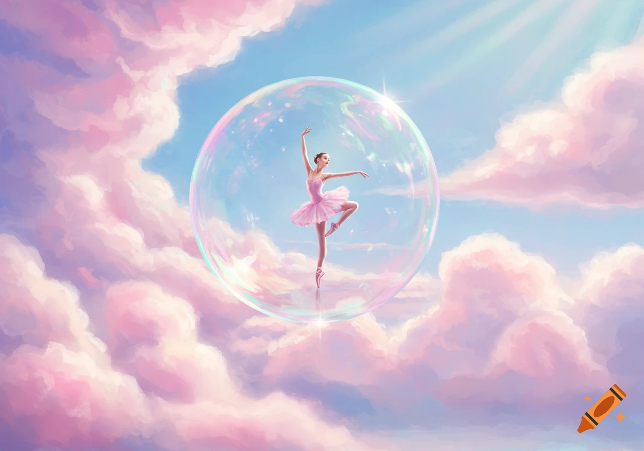 A graceful ballerina dances on pointe inside a large iridescent bubble, floating amidst soft pink clouds in a bright blue sky.