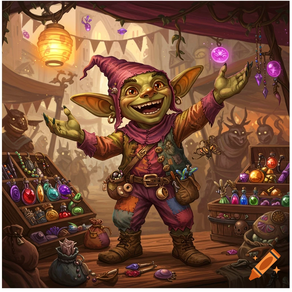 A cheerful goblin marketeer with green skin, big ears, and a pink hat stands at a busy market stall with colorful potions.