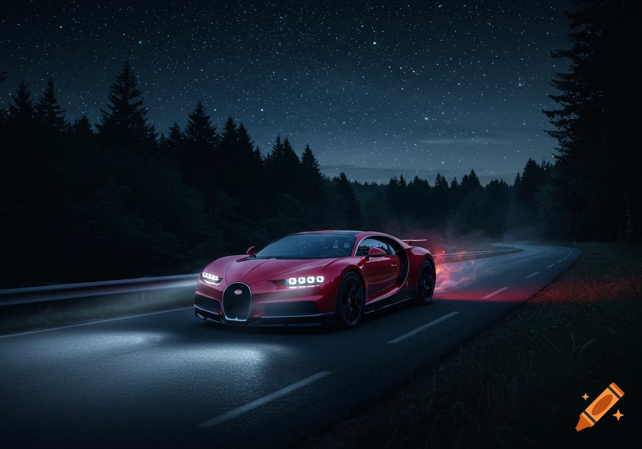 A red Bugatti Chiron drives on a winding road at night, illuminated by its headlights and stars, surrounded by dark forest.