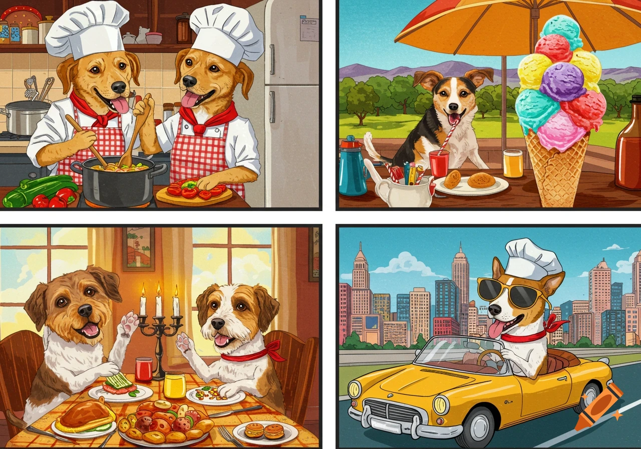 Four cartoon panels feature dogs: two chef dogs cooking, a dog eating a ...