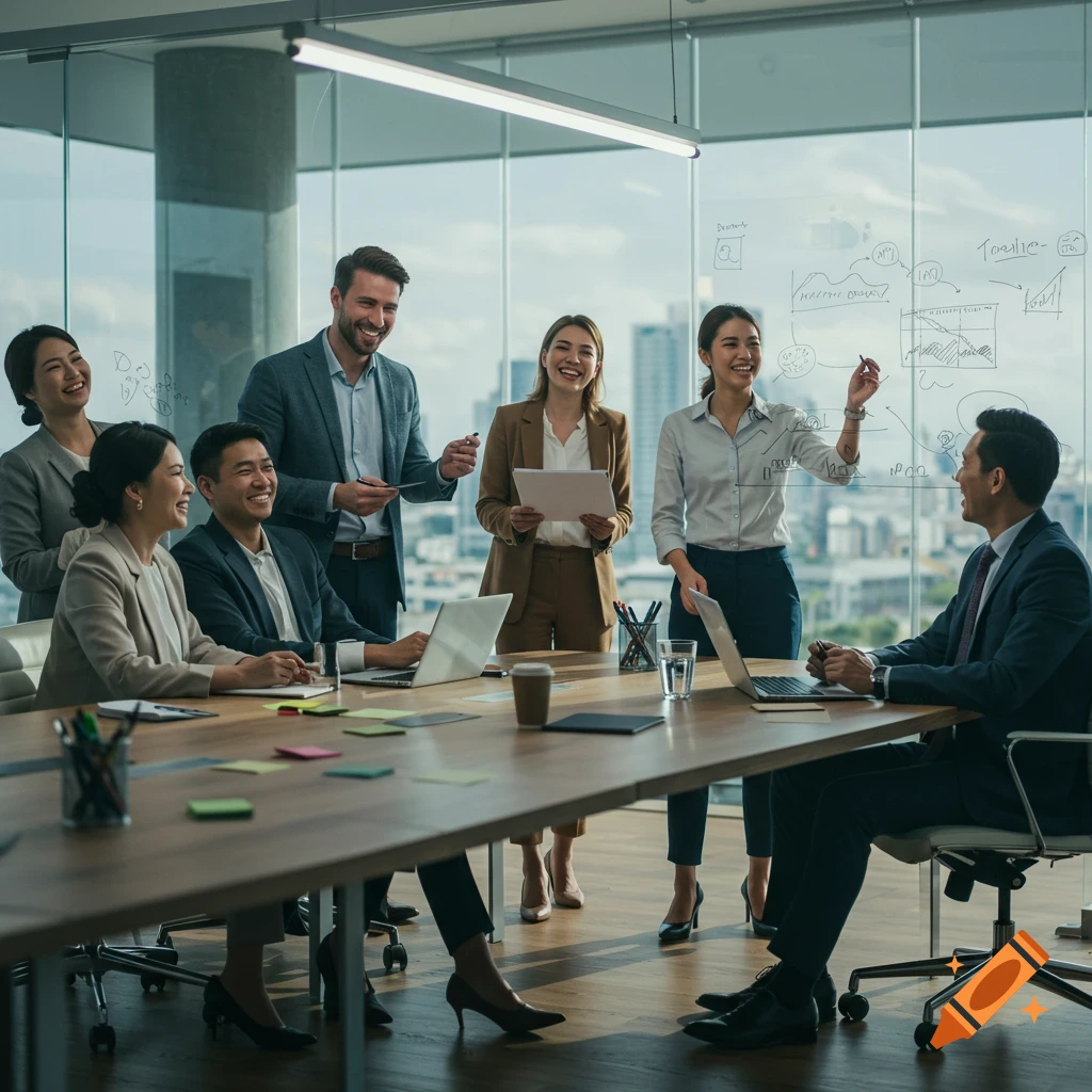 Diverse business team smiling and collaborating in a modern office meeting with city views, photorealistic.