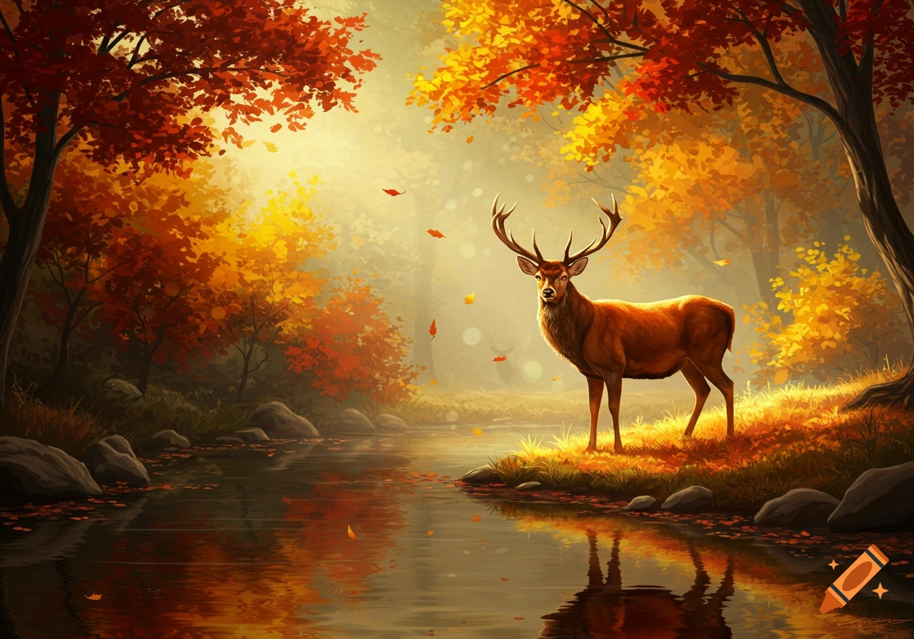 A majestic buck deer stands on the grassy bank of a pond, surrounded by vibrant red and orange autumn trees.