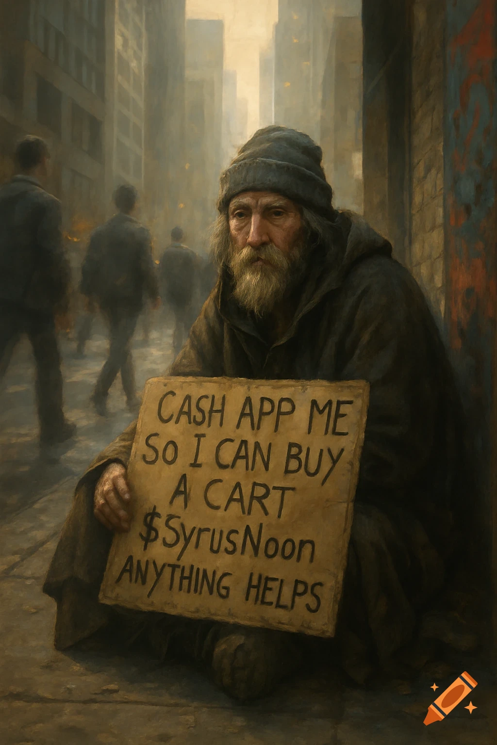 Photorealistic painting of a bearded homeless man in a beanie holding a cardboard sign on a city street.