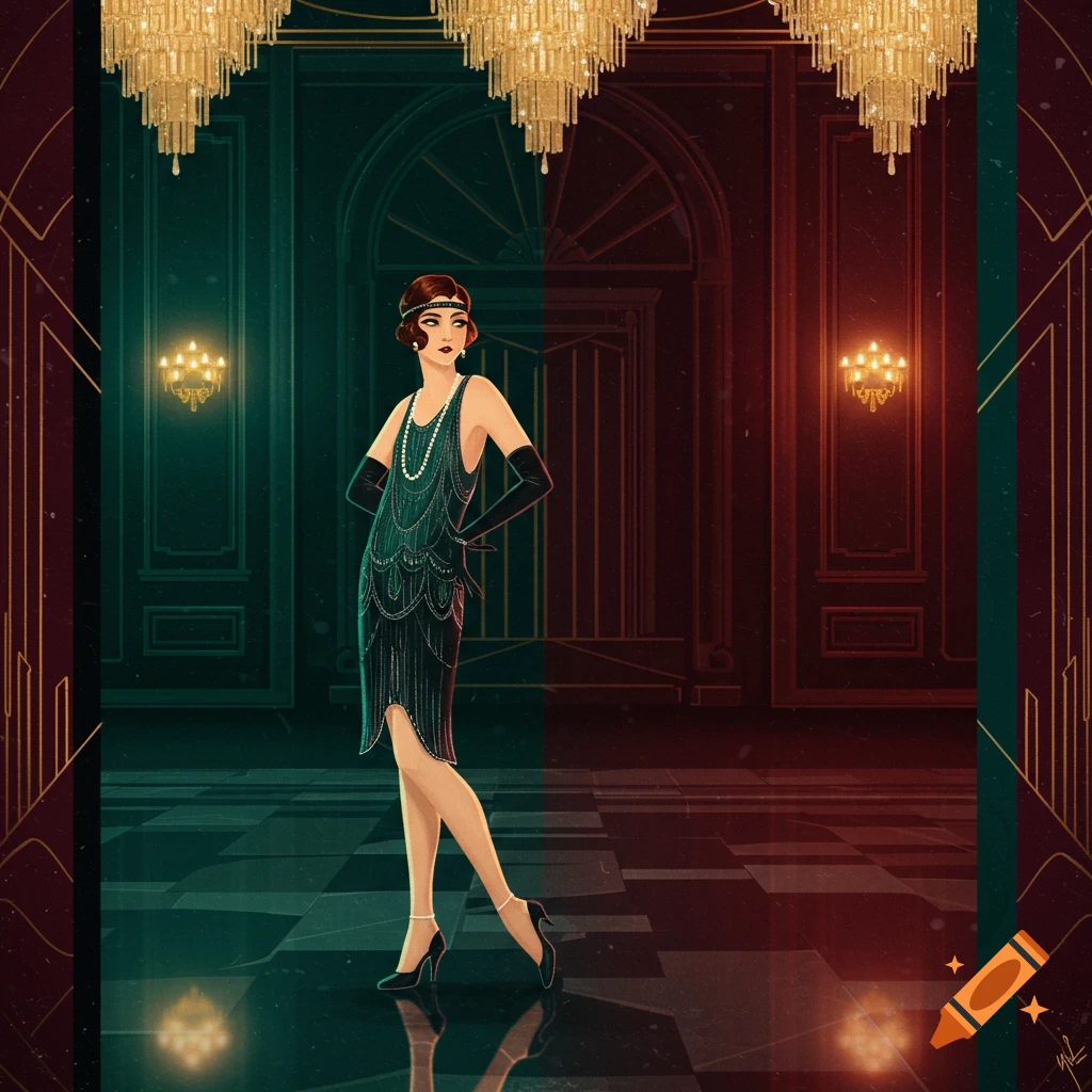 A woman in a green beaded flapper dress, long gloves, and a pearl necklace stands in a split-toned green and red Art Deco hall with chandeliers and a checkered floor.