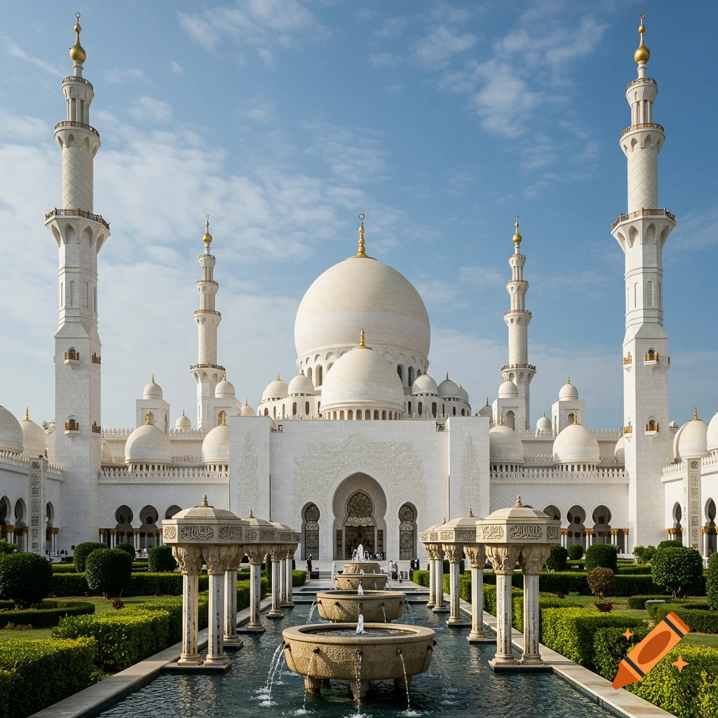 Grand white marble mosque with domes, minarets, lush gardens, and fountains under a blue sky.