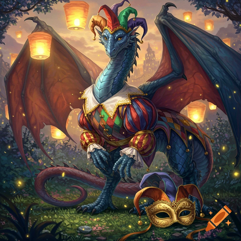 A blue dragon wearing a colorful jester's costume and cap, with a golden mask on the ground, surrounded by glowing lanterns in a twilight fantasy setting.