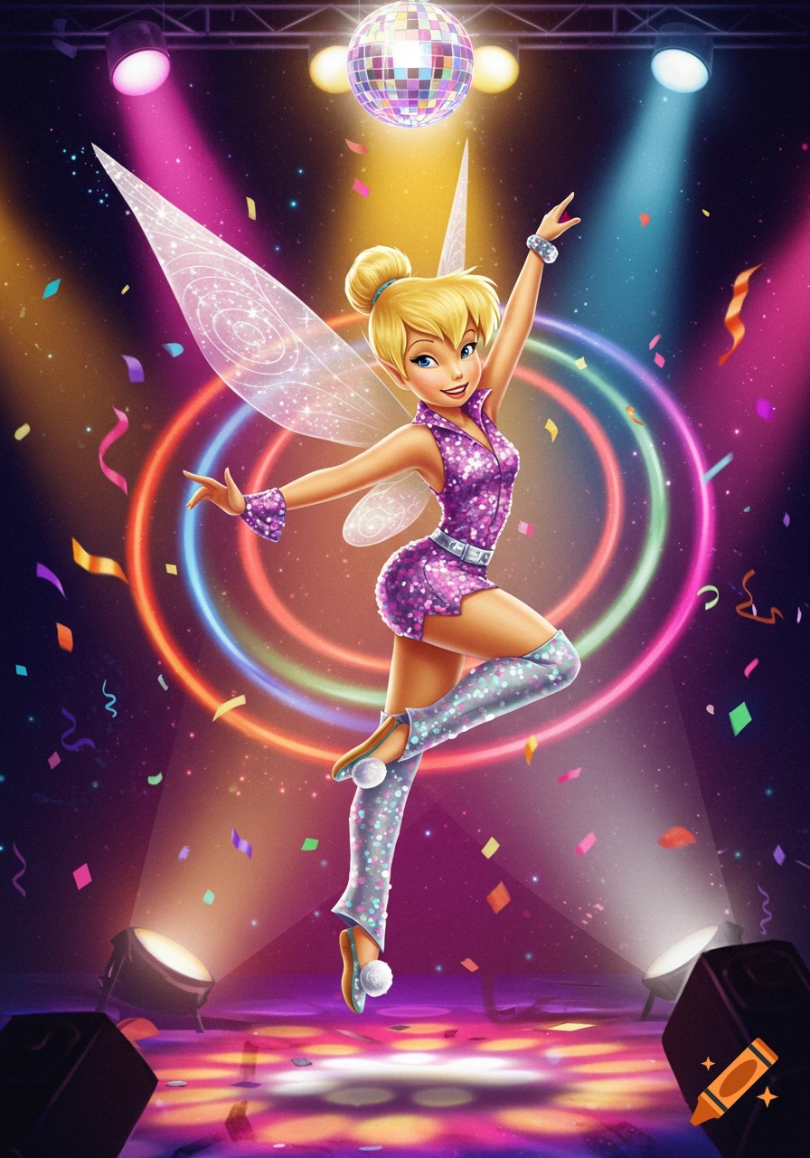 Tinker Bell in a sparkling purple disco outfit, dancing under a disco ball and colorful spotlights with confetti falling.