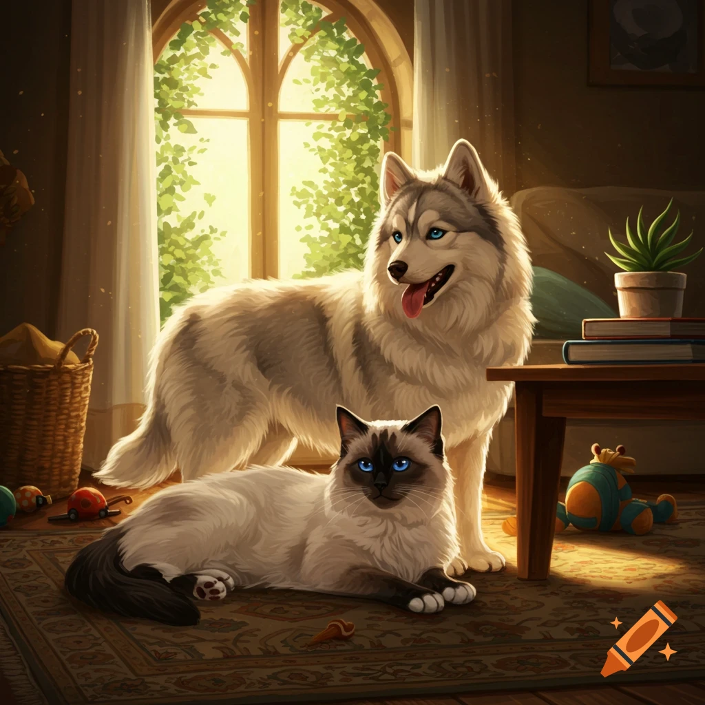 A fluffy white and grey husky dog stands behind a cream-colored ragdoll ...