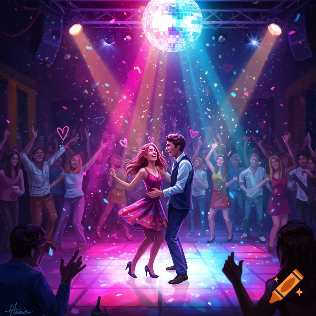 A joyful couple dances on a glowing floor at a vibrant disco with confetti, lights, and a sparkling disco ball.