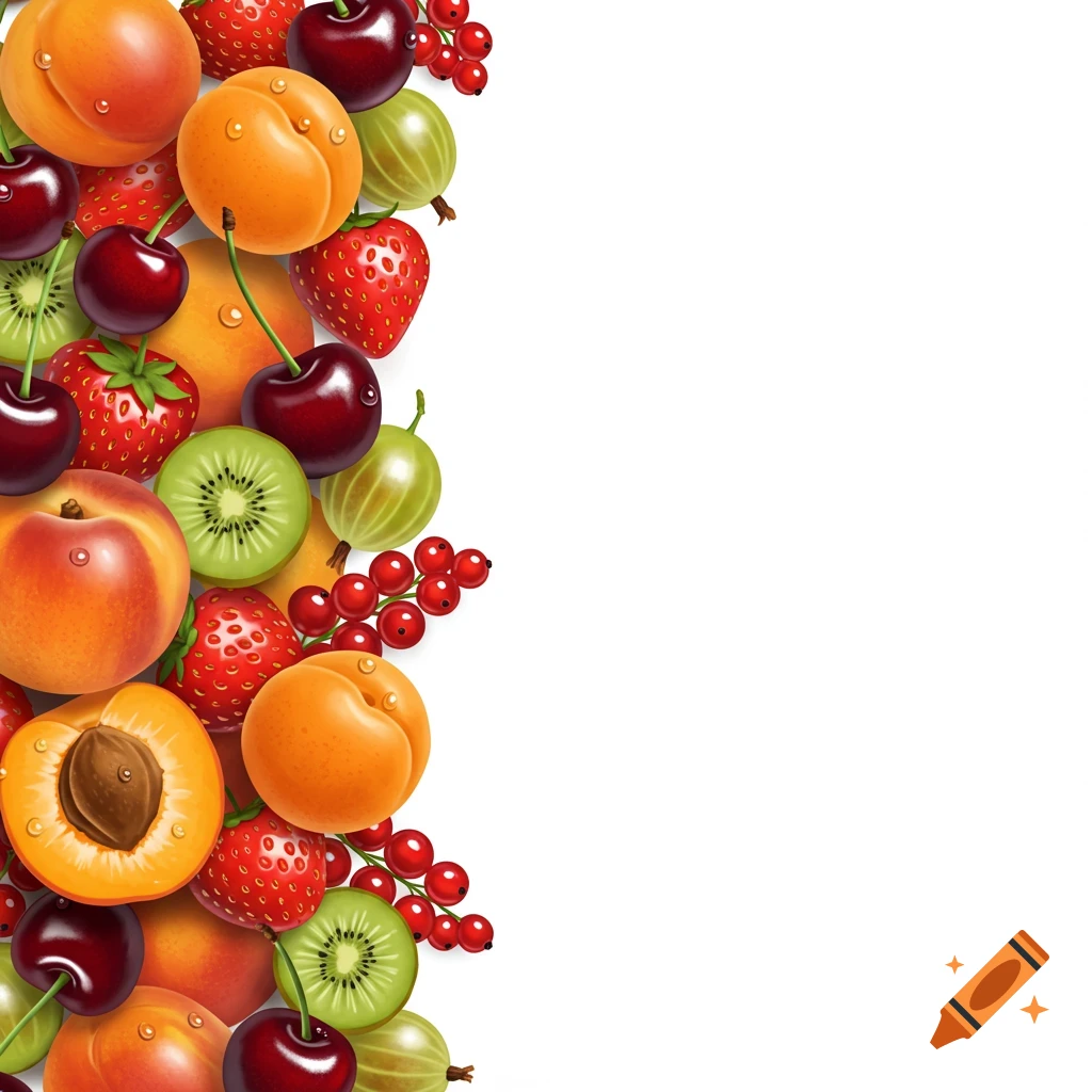 A vibrant assortment of spring fruits like apricots, strawberries, cherries, kiwi, gooseberries, and red currants, filling the left side of a white background.