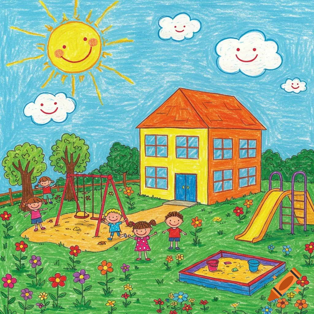A colorful child's crayon drawing of a kindergarten with a playground, featuring happy children, swings, a slide, a sandbox, and a smiling sun.