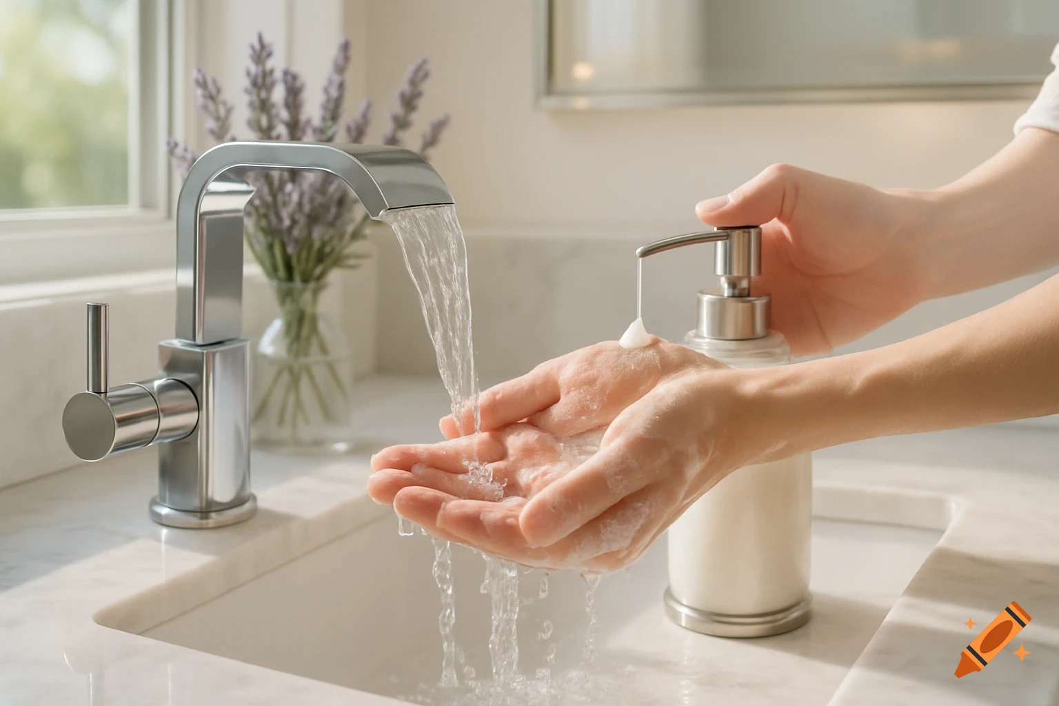 A person washes their hands with soap and water from a modern faucet at a bathroom sink, with a lavender vase in the background.