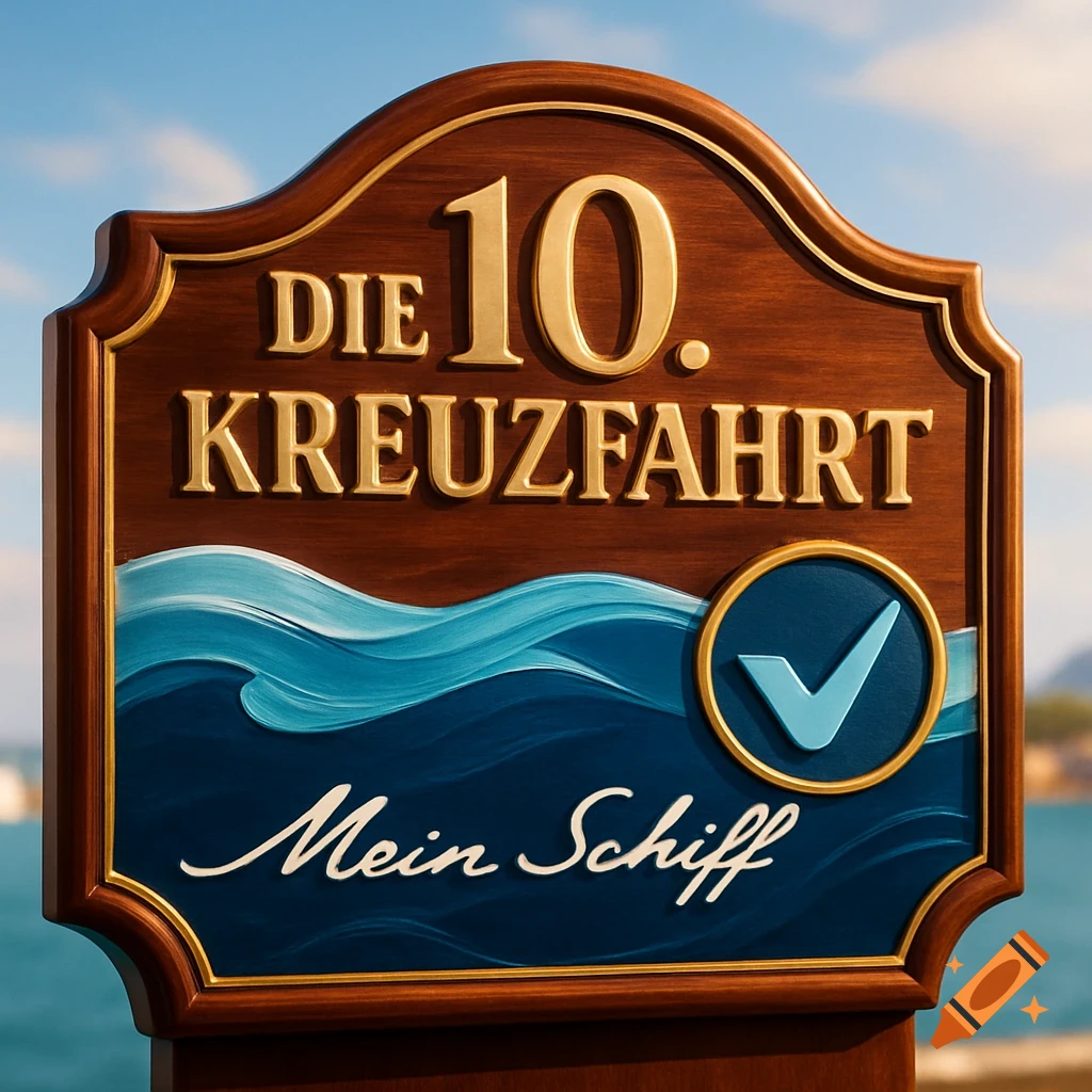 A decorative wooden sign for 'The 10th Cruise' and 'Mein Schiff', with blue waves and a checkmark, against a bright sky and water.
