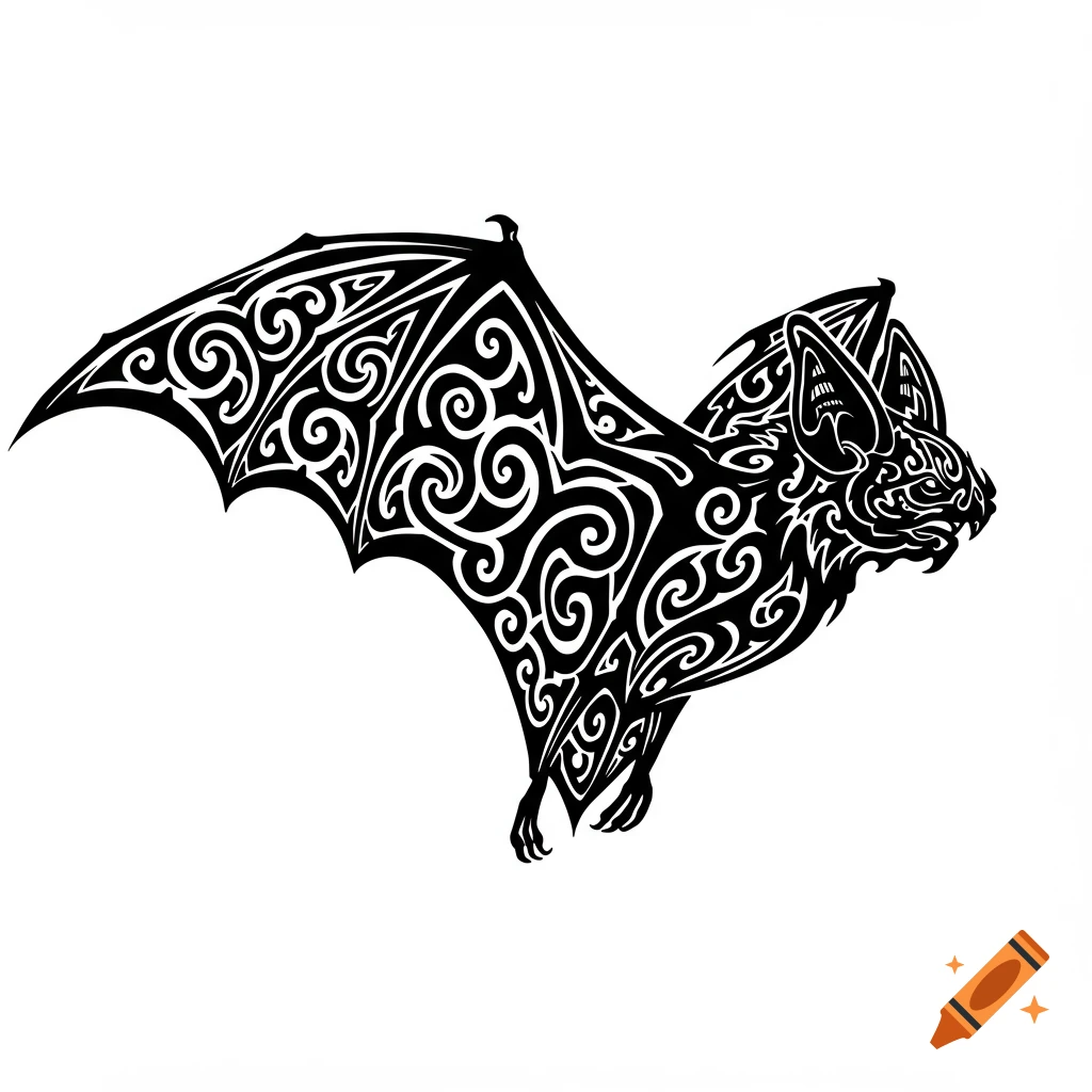 Blackwork tribal tattoo art of a bat in mid-flight, viewed from the side, featuring intricate patterns.