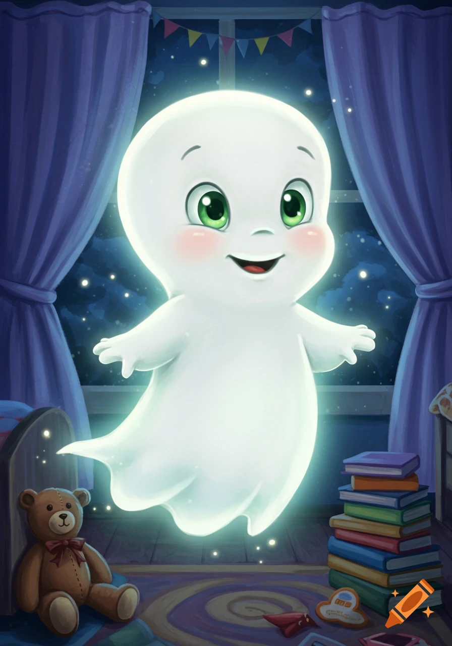 A cute, glowing, Casper-like ghost with green eyes floats in a child's bedroom at night, with a teddy bear and books.