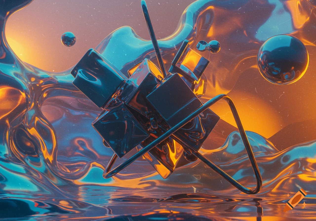 Abstract 3D render of metallic cubes and spheres intertwined with reflective liquid forms in blue and orange hues.