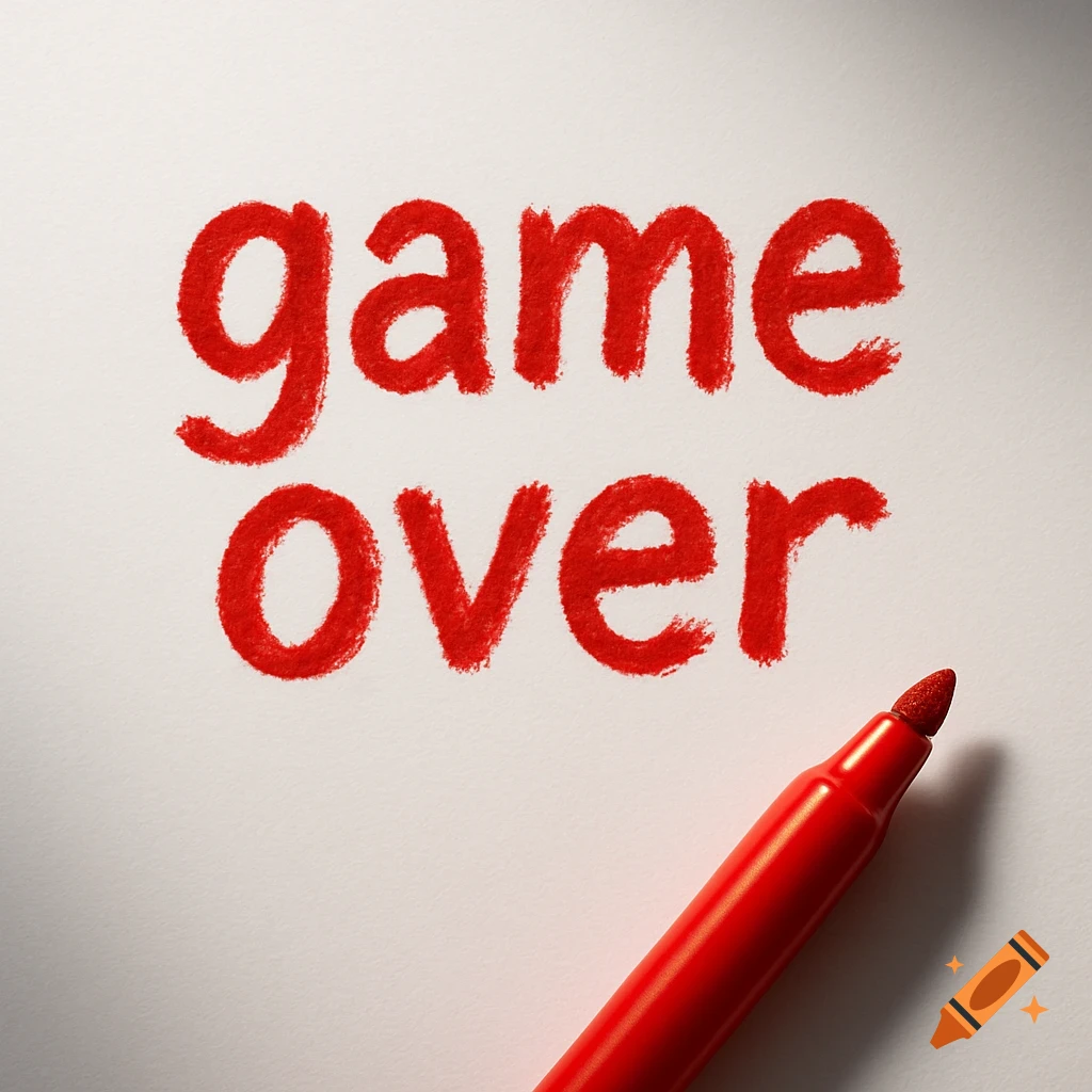 The words "game over" written in red marker on white paper, with a red marker tip visible in the bottom right corner.