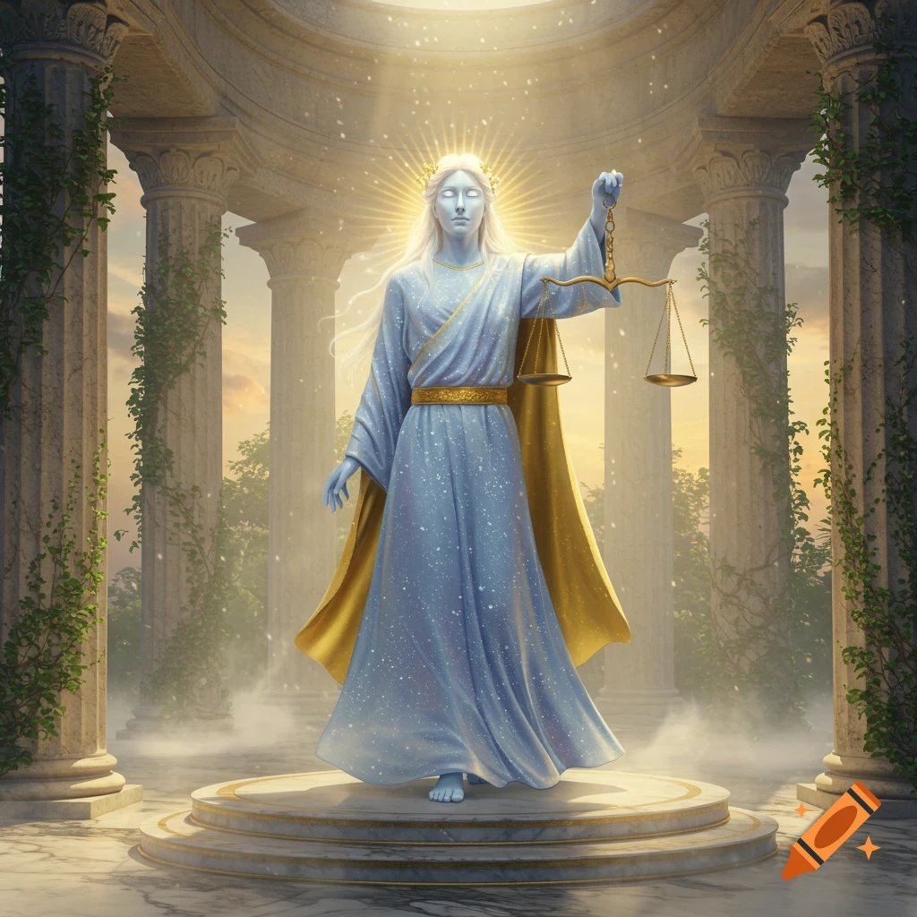 Ethereal statue of a celestial figure holding scales in classical ruins, bathed in glowing light.