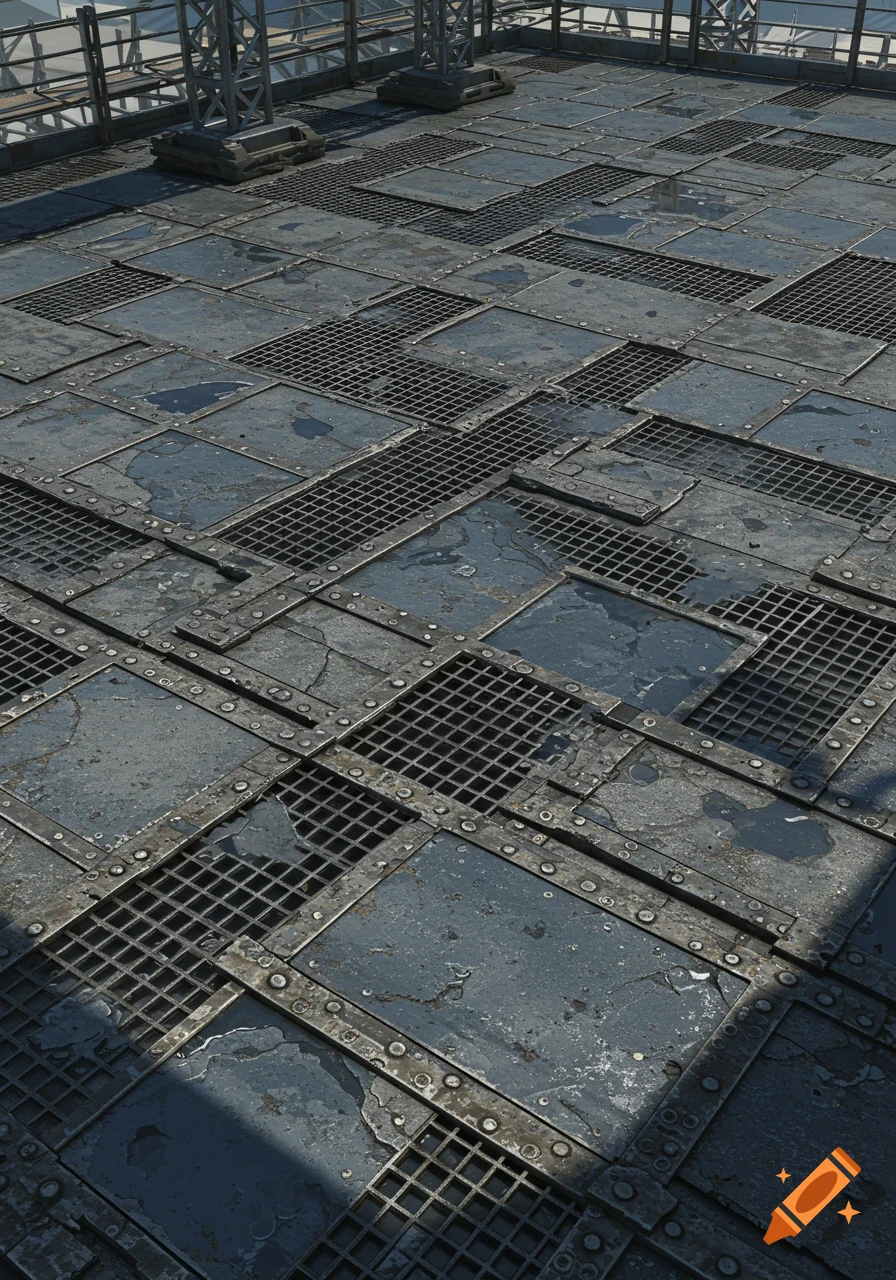 Close-up, top-down view of a weathered industrial metal floor with varied grates and solid plates, some showing wear and wet patches.