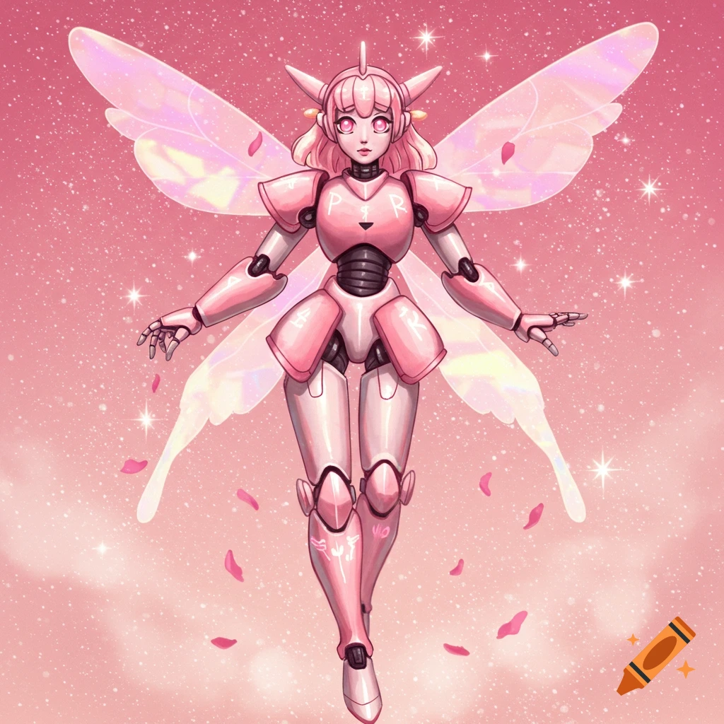 A pink robot magical girl with butterfly wings floats in a starry pink sky with falling petals, in an anime art style.