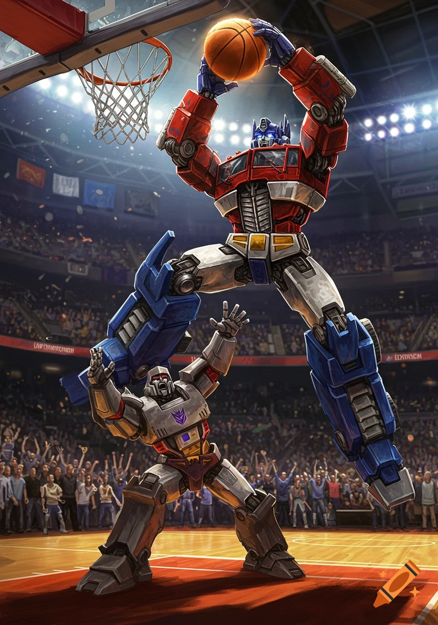 Optimus Prime dunks a basketball over Megatron in a crowded stadium, depicted in a vibrant comic art style.