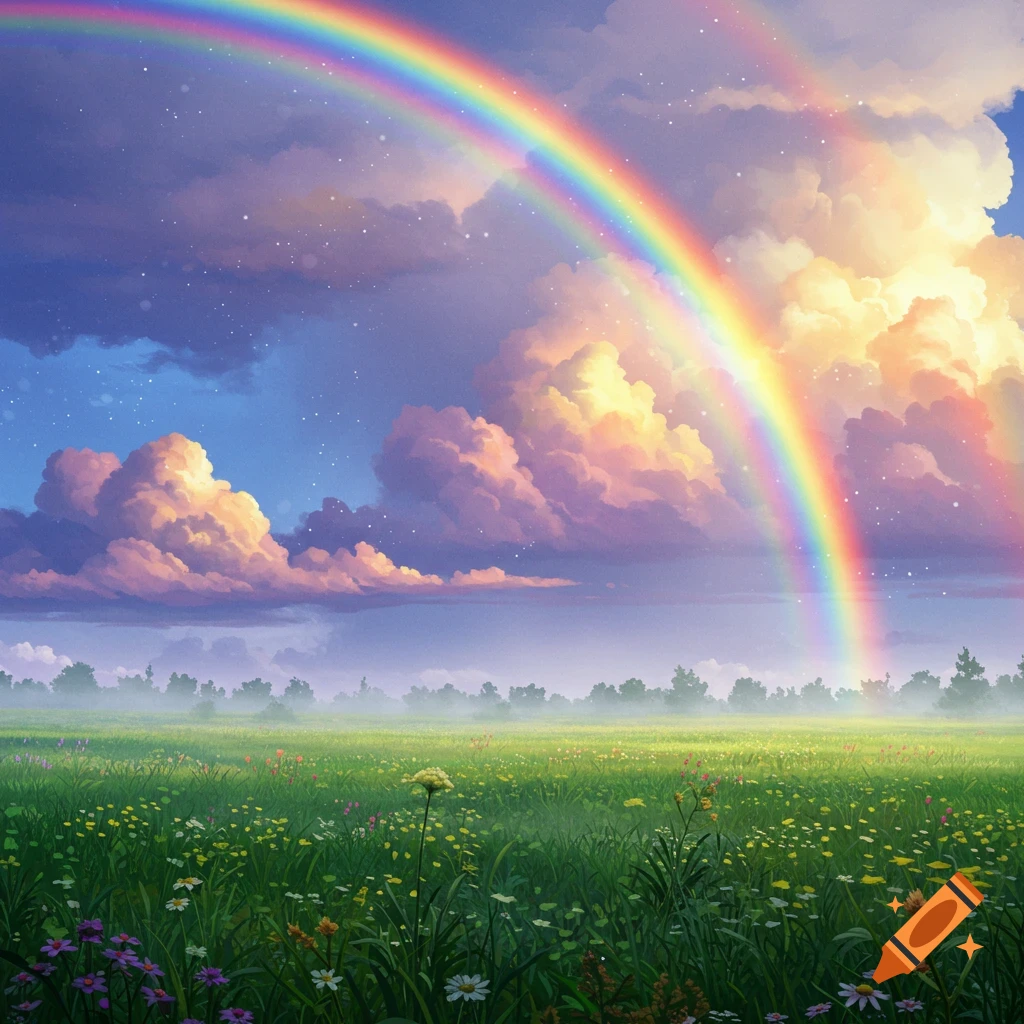 A vibrant green meadow filled with wildflowers under a dramatic sky with fluffy clouds and a bright rainbow.