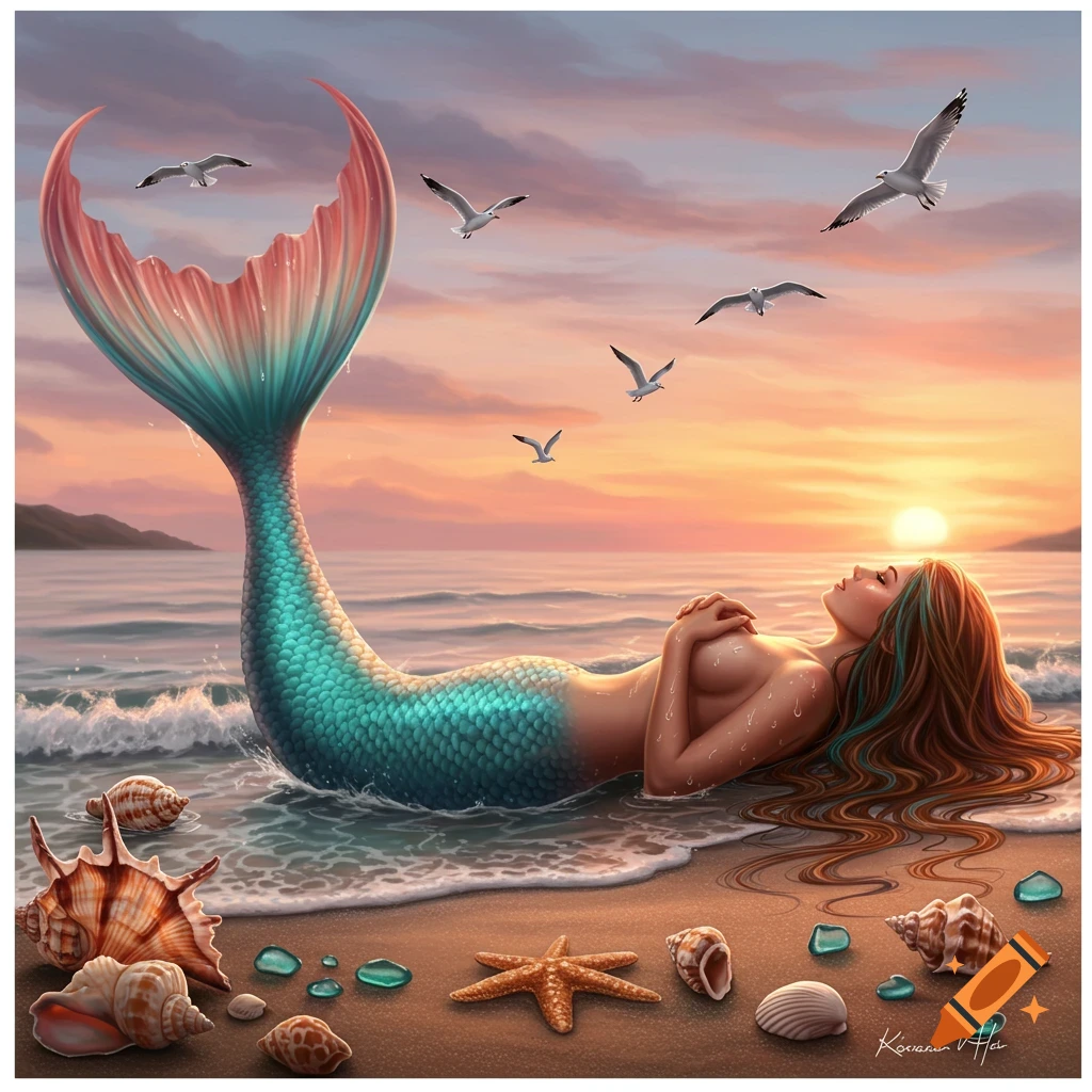 Mermaid with turquoise tail and reddish fin lies on a sandy beach at sunset, surrounded by seashells, starfish, and seagulls flying in the colorful sky.