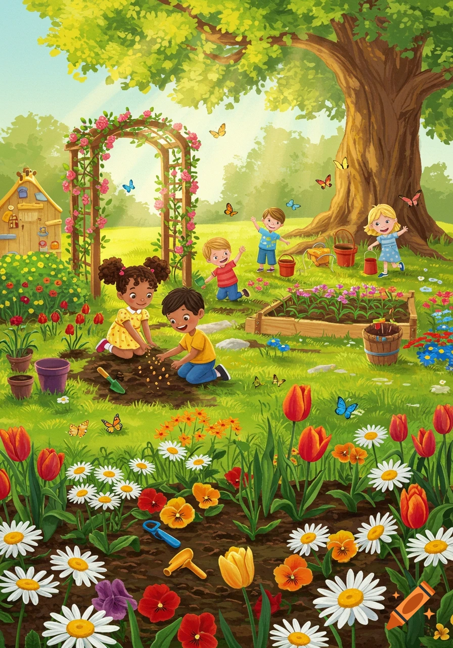 Colorful illustration of diverse children happily gardening in a lush, sunny garden filled with flowers, trees, and butterflies.