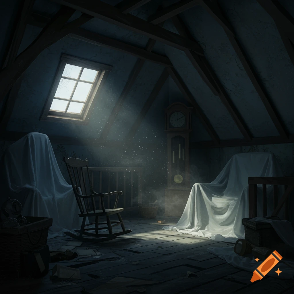 A dark, dusty attic with a rocking chair, covered furniture, a grandfather clock, and a light beam from a window.