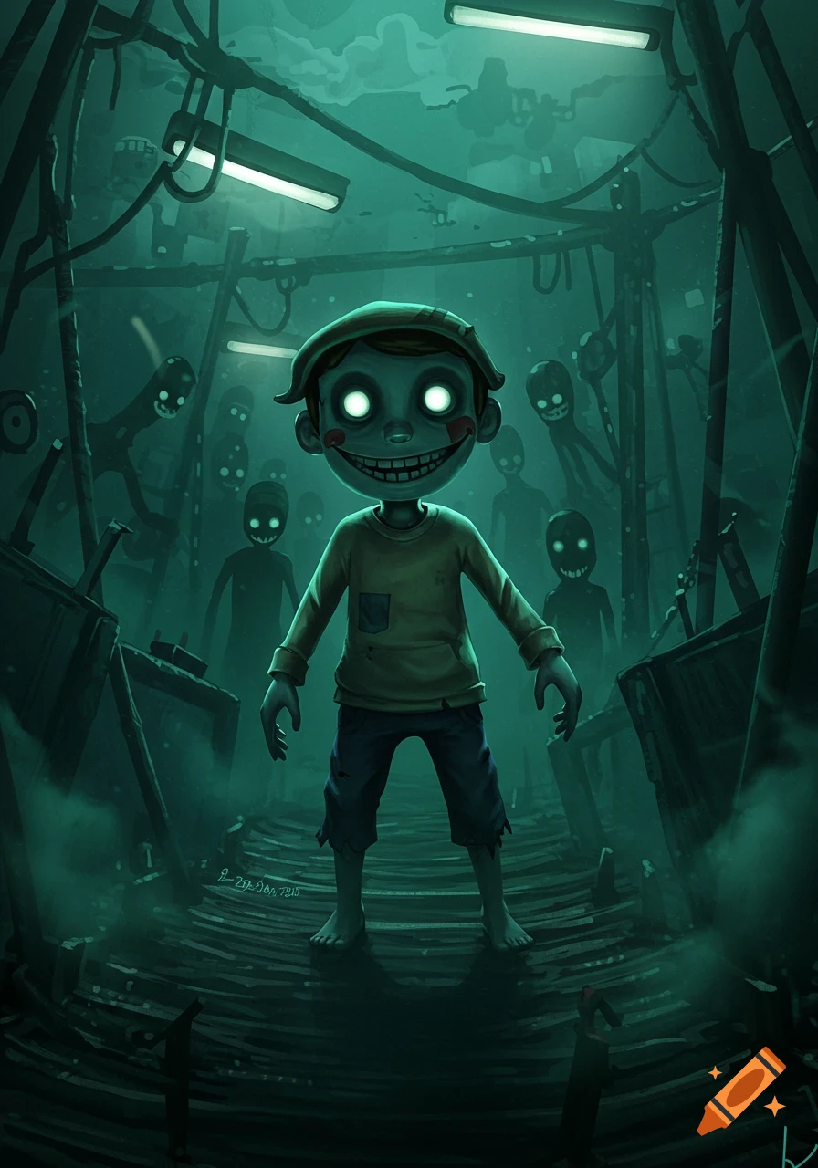 A creepy smiling child with glowing eyes stands on a bridge, surrounded by shadowy figures in a dark, teal-lit industrial scene.