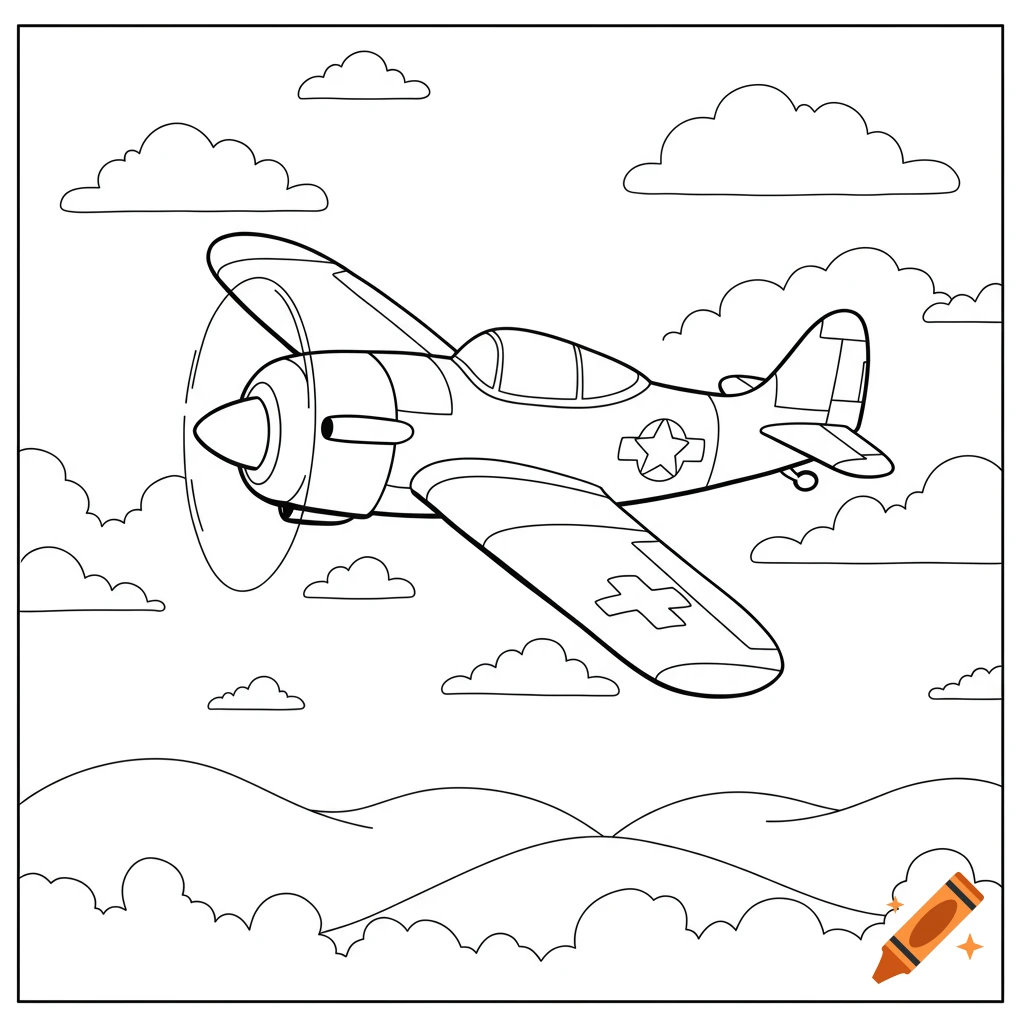 Black and white children's coloring page of an army airplane flying with clouds and hills.
