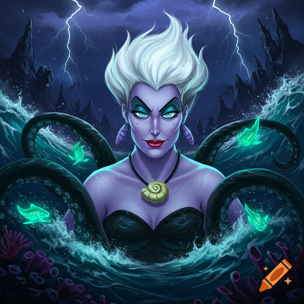 Digital art of Ursula, the sea witch, with white hair and purple skin, rising from dark stormy waters with tentacles and lightning.