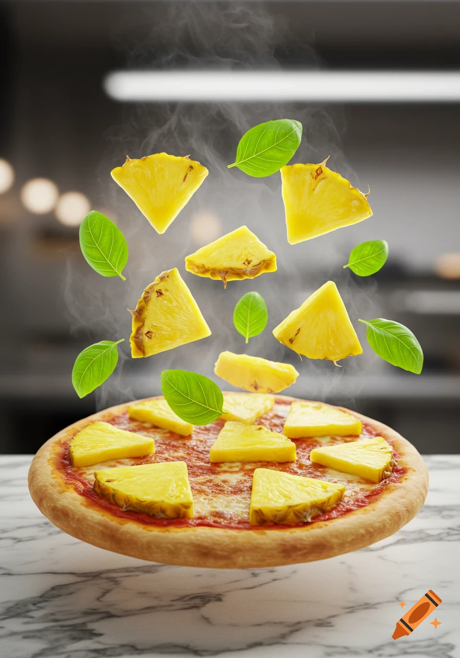 A pineapple pizza floating above a marble counter, with individual pineapple slices and basil leaves suspended and steaming above it.