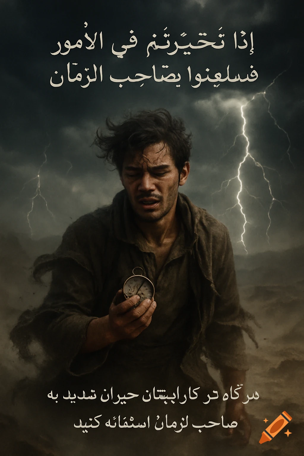 A distressed Middle Eastern man in torn clothes holds a broken compass under a dark, lightning-filled sky in a barren landscape.