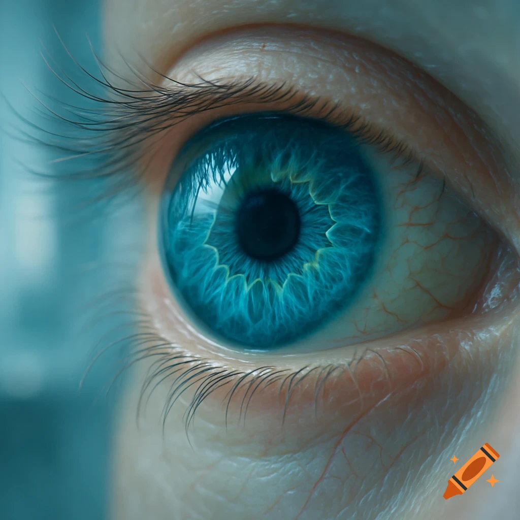 Detailed macro shot of a vibrant blue human eye with intricate iris patterns and long eyelashes.