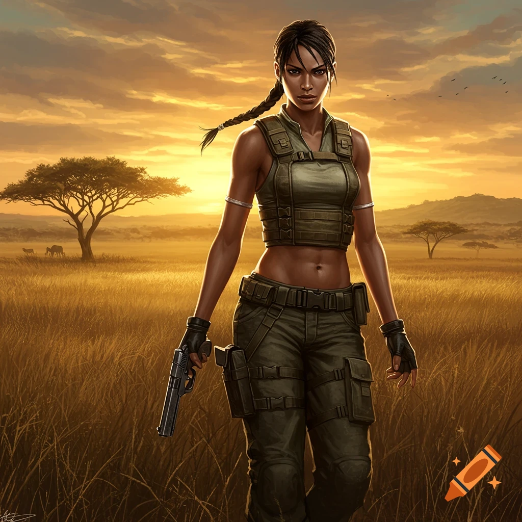 A strong female character in tactical gear with a pistol stands in a golden savannah at sunset.