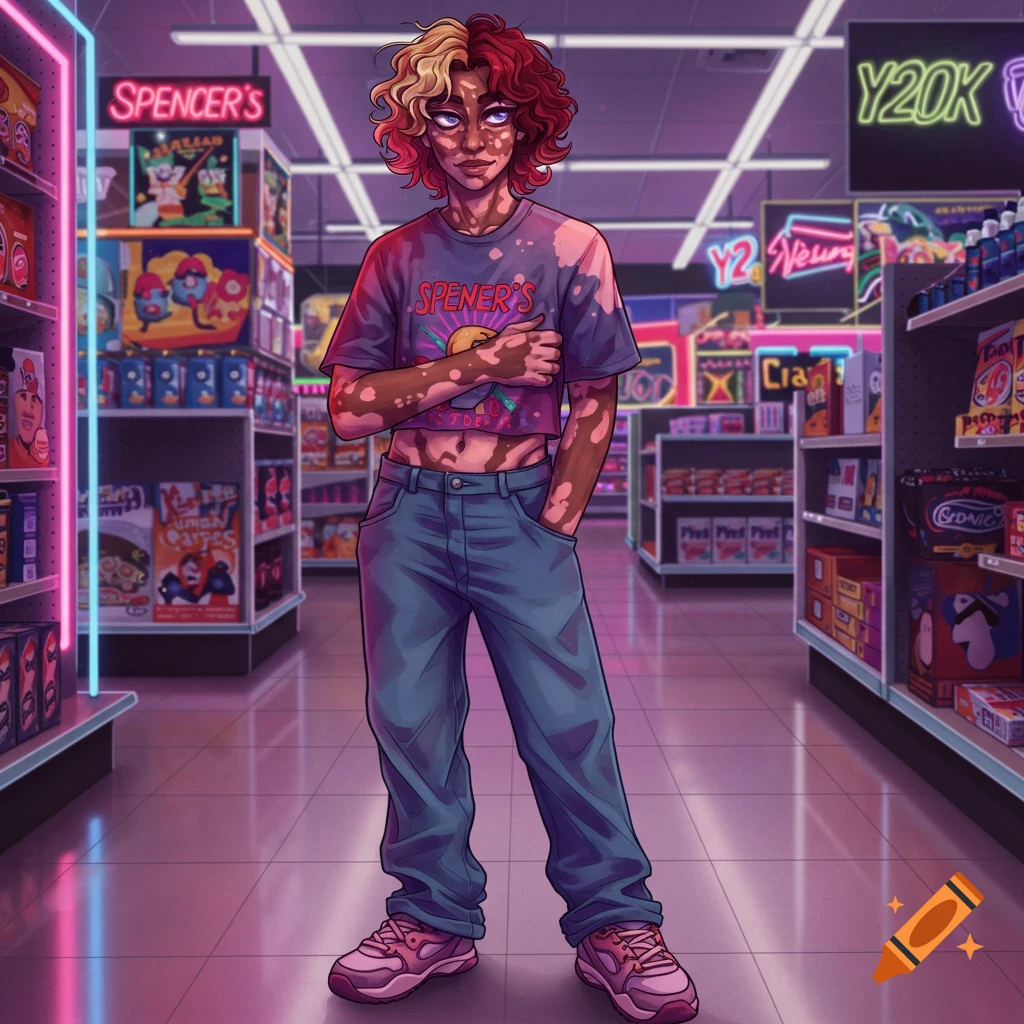 An anime-style person with vitiligo and red and blonde curly hair, wearing a crop top and jeans, stands in a brightly lit supermarket aisle with neon signs.