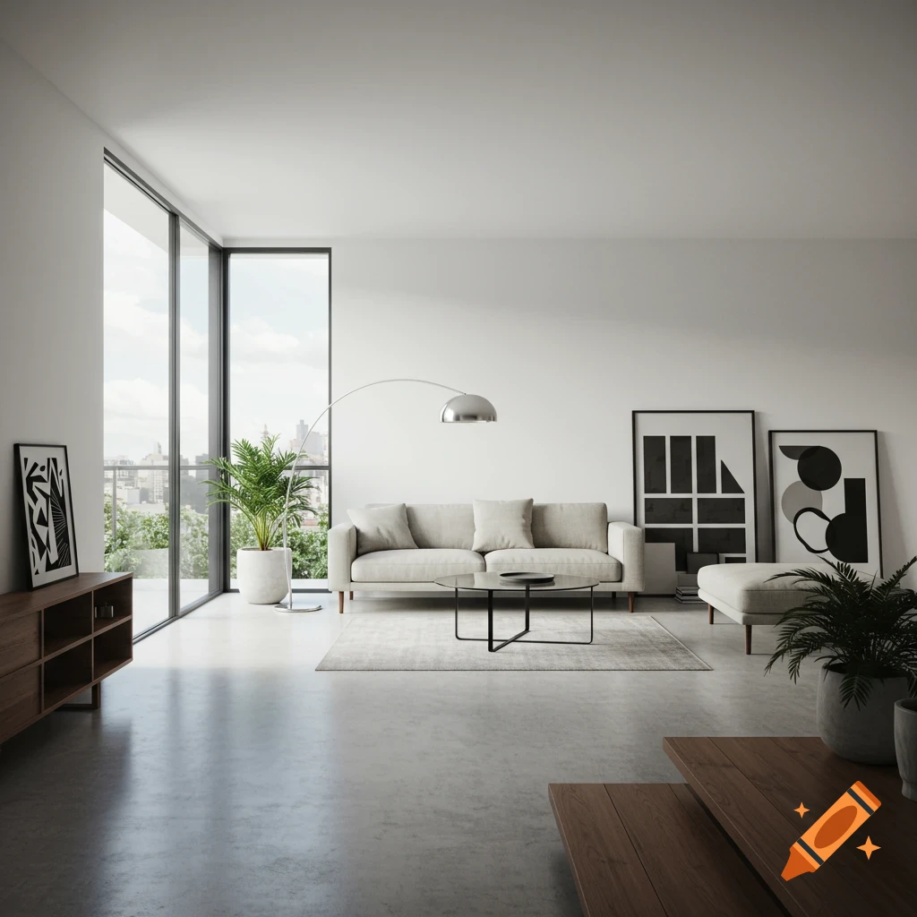 A minimalist modern living room with a grey sofa, glass coffee table, large windows overlooking a city, and potted plants.