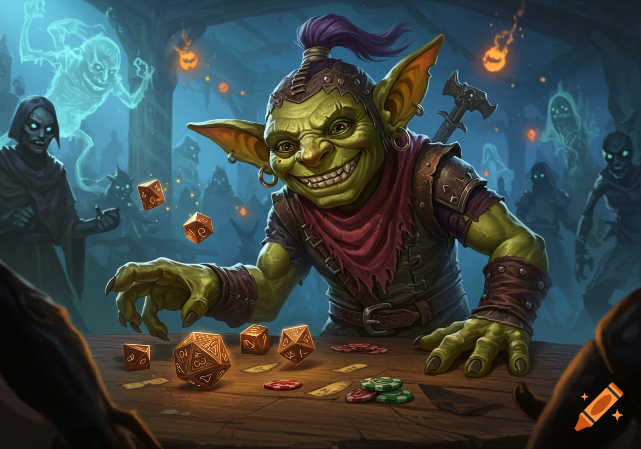 A grinning green goblin plays dice and poker chips on a wooden table, with shadowy figures and ghosts in a dark background.