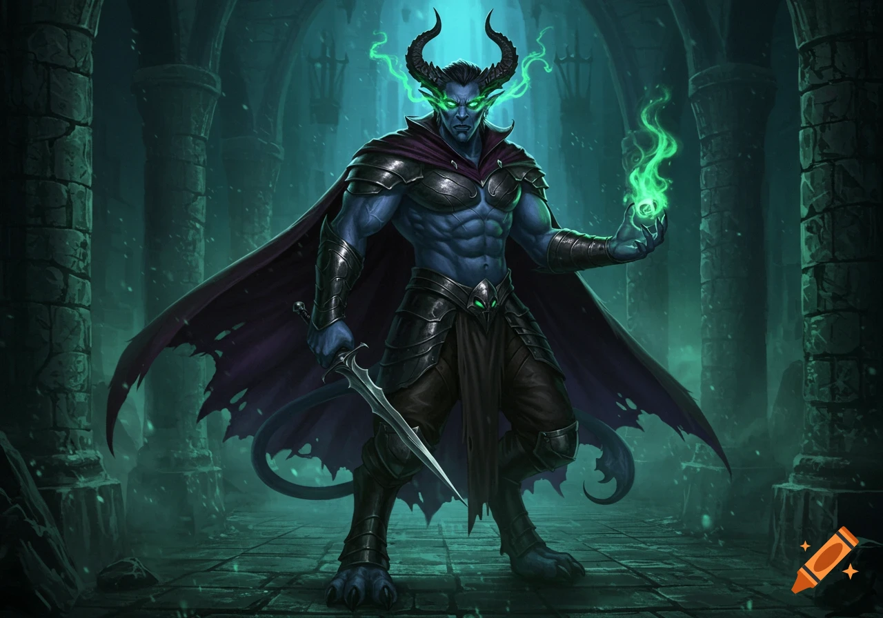 A blue-skinned demon beast with horns, dark armor, purple cape, a dagger, and glowing green eyes, holding green magic in a dungeon.