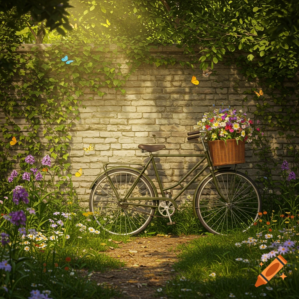 A vintage green bicycle with a basket of colorful flowers parked by an ivy-covered brick wall in a sunny garden with butterflies.