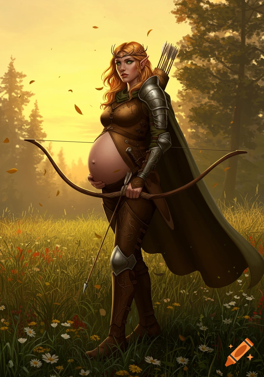 A pregnant elf archer in armor stands in a golden meadow with a bow and arrow, forest behind her. Fantasy digital art.