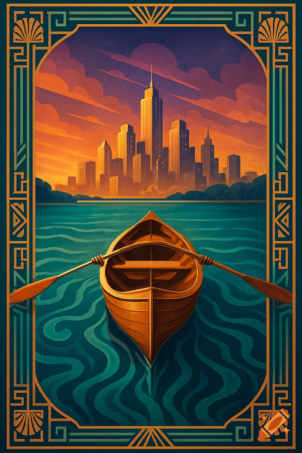 An Art Deco travel poster style illustration of a rowboat on water with a golden city skyline at sunset.