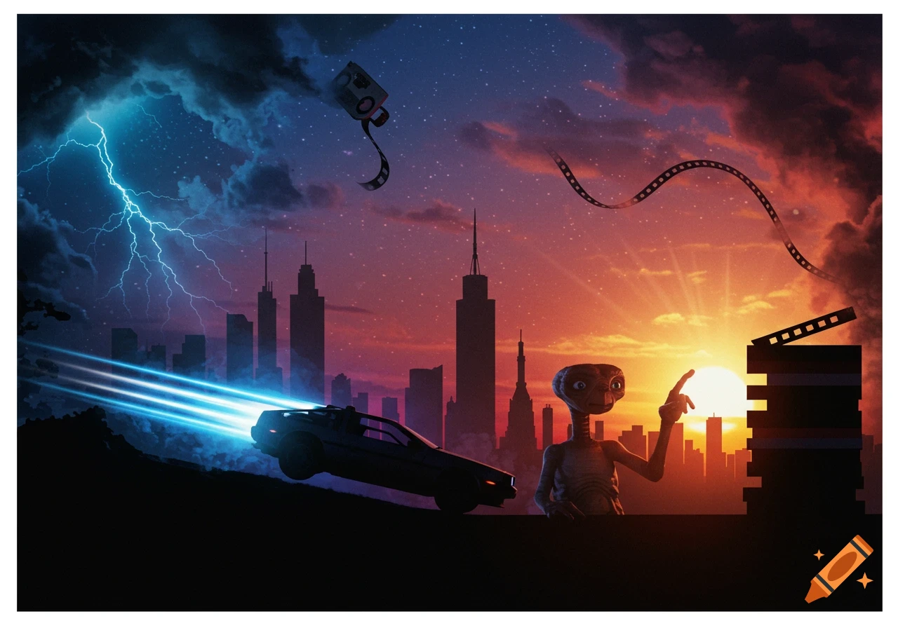 E.T. points at a sunset with a city silhouette behind, a speeding DeLorean under a lightning storm, cinematic style with film strips.